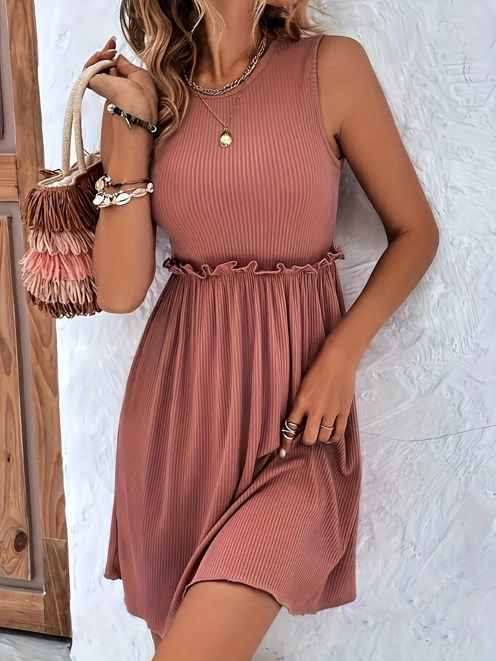Sleeveless Ruffled Waist Ribbed Mini Dress - Dusty Rose